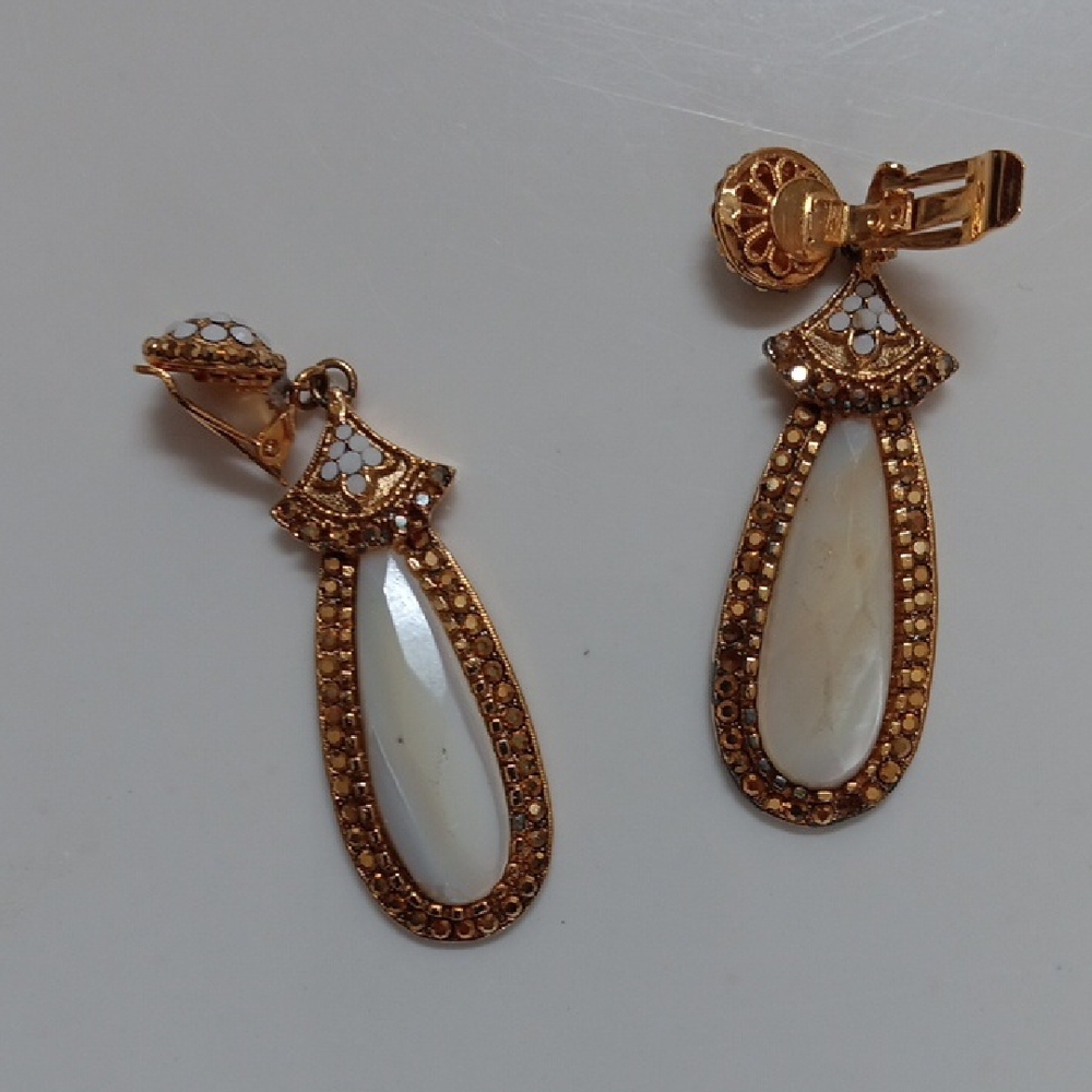 Jose And Maria Gold and White Pavé Crystal Drop Earrings No Pouch Comes W/Navy